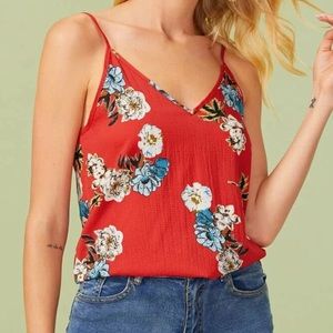 Red Floral V Neck Top